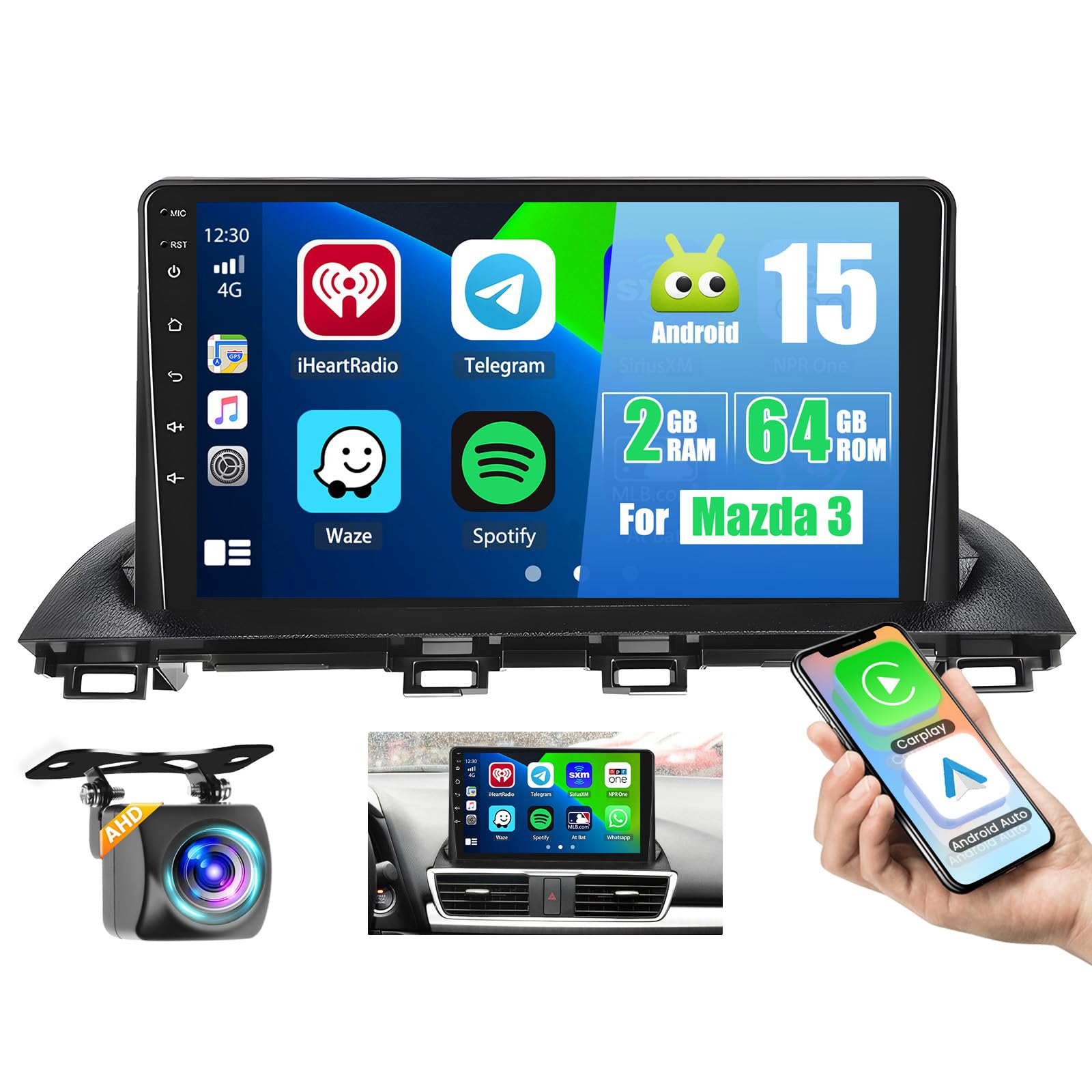 Photo 1 of [2G+64G] Android 15 Car Radio Stereo for Mazda 3 Axela 2014-2019 with Wireless Apple Carplay Android Auto, 9 inch Touch Screen Radio Bluetooth WiFi GPS FM RDS EQ+Free AHD Backup Cam