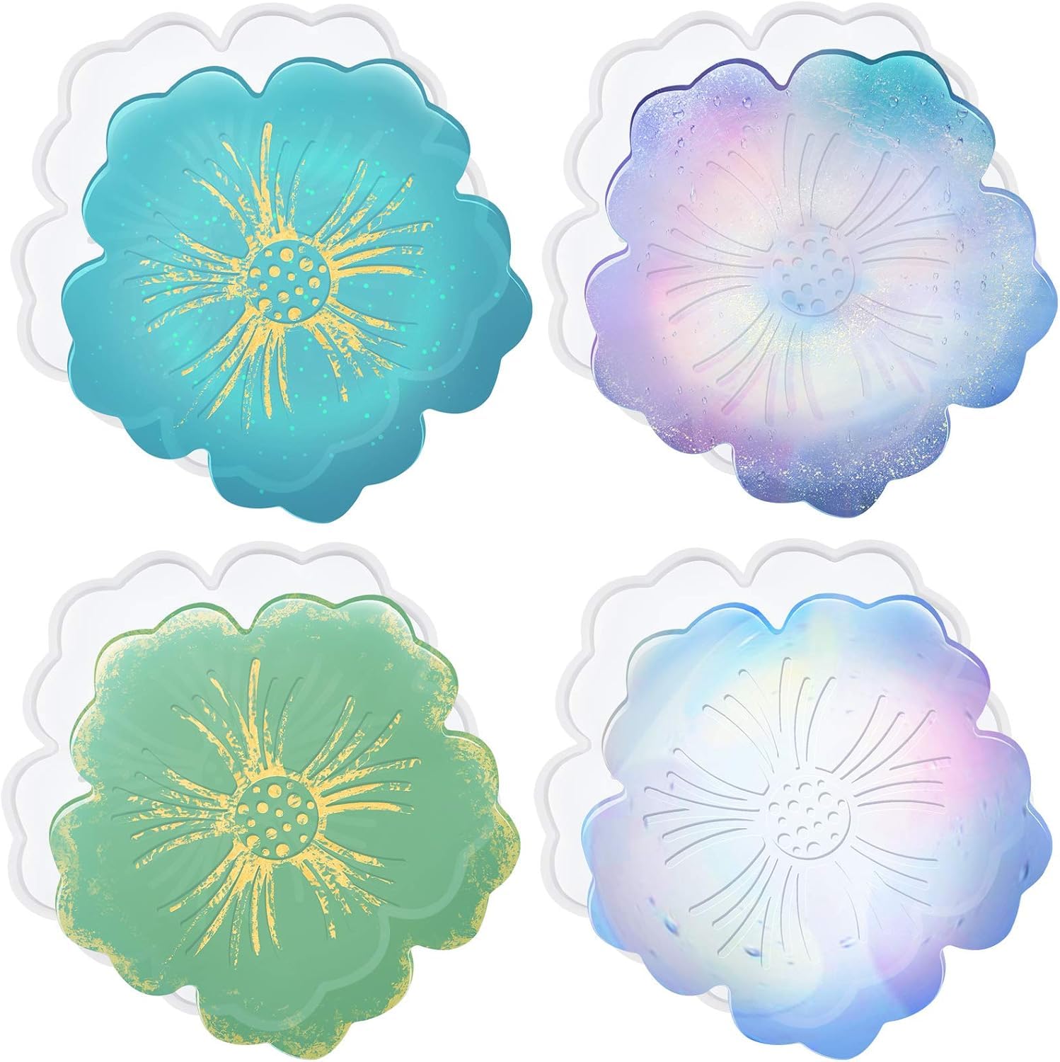 EVERMARKET 4 PCS Flower Silicone Coaster Molds Coaster for Epoxy Resin Agate Coaster Cup Mat Molds for Resin Casting Silicone Molds for Making DIY Craft