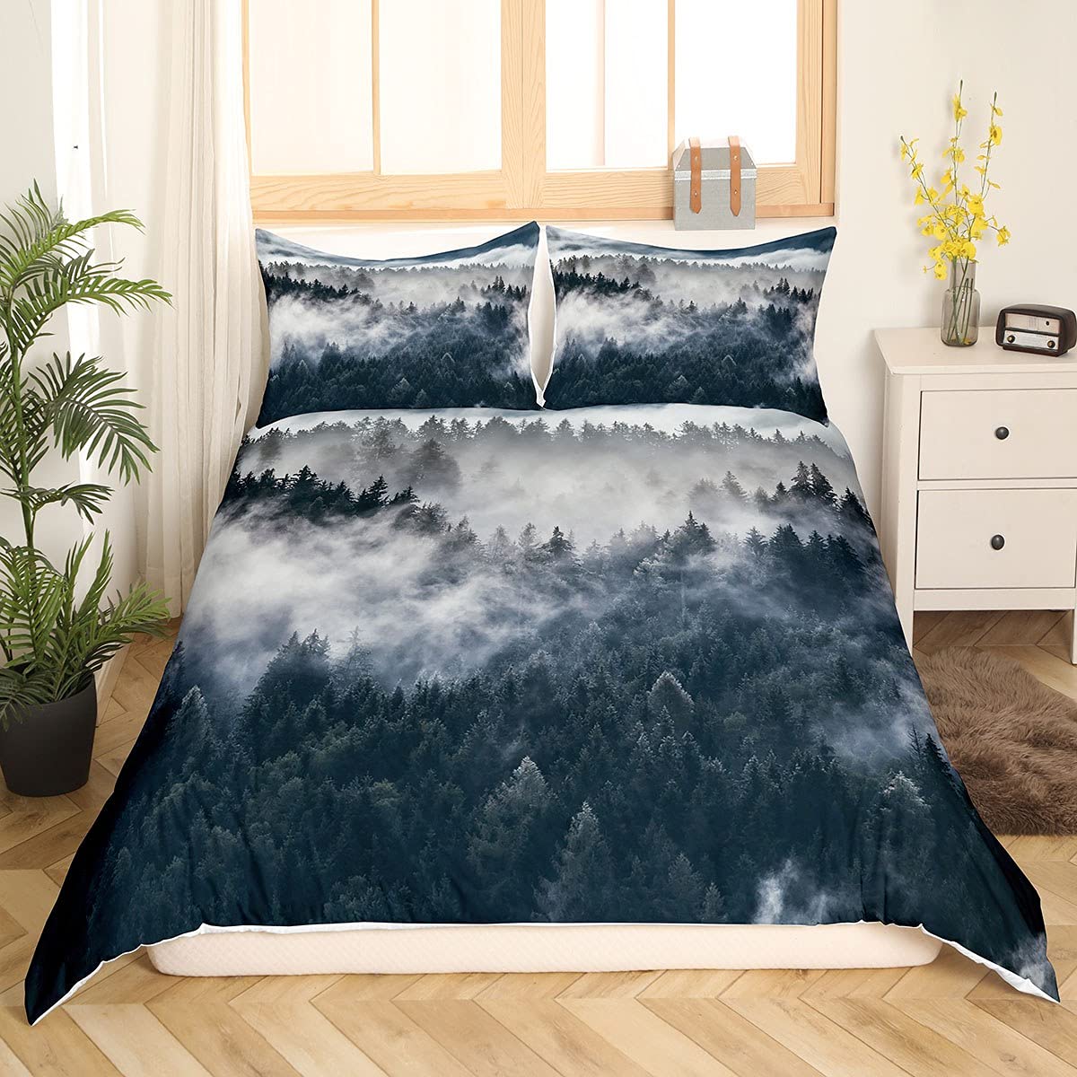 Smoky Mountain Bedding Pineforest Duvet Cover Double Grey Trees Natural Scenery Art Comforter Cover Mountain with Firforest and Arrow Folk Style Retro Print Decorative Bedding Set with 2 Pillow Shams — image 1