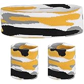 MECCANIXITY Sweat Band Set Sports Terry Cloth Headband Wristband Set Moisture Wicking Sweat Absorbing Head Band for Women Men Workout Exercise (Striped Camouflage)