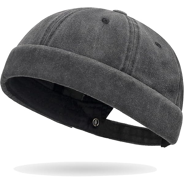 YAMEE Men's Brimless Docker Cap - Black Skullcap Beanie Sailor Hat Rolled Cuff Adjustable One Size