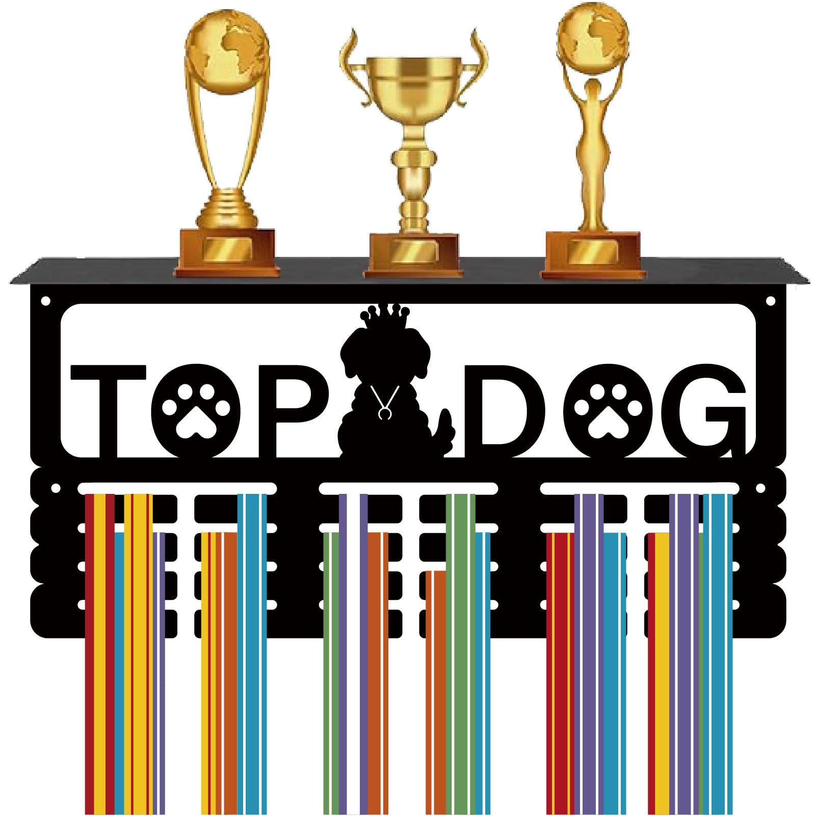 CREATCABIN Top Dog Medal Trophy Display Shelf Medal Hanger Display Shelf with 16 Hooks Stand Sports Wall Mount Hold Trophy Holder Medal Organizer Rack for Gymnastics Running Awards 15.7x7.9x10Inch