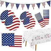 4th of July Decorations Patriotic Party Supplies Disposable Plates Napkins Cups Tablecloth and American Flag Pennant Decor for Fourth of July Independence Veterans Election Memorial Day Serve 25