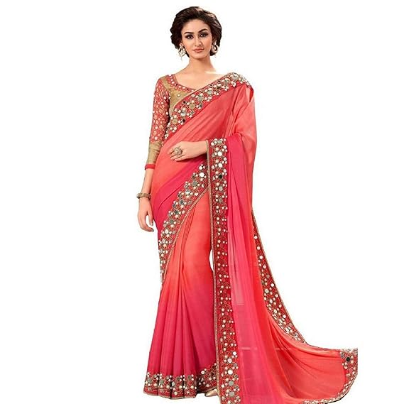 Women's Georgette Saree With Unstitched Blouse Piece (MS1149_SAREE_Peach)