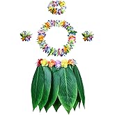 Leaf Hula Skirt and Hibiscus Leis Set Hawaiian Costumes for Beach Luau Party