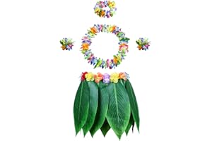 PIXHOTUL Leaf Hula Skirt and Hibiscus Leis Set Hawaiian Costumes for Beach Luau Party
