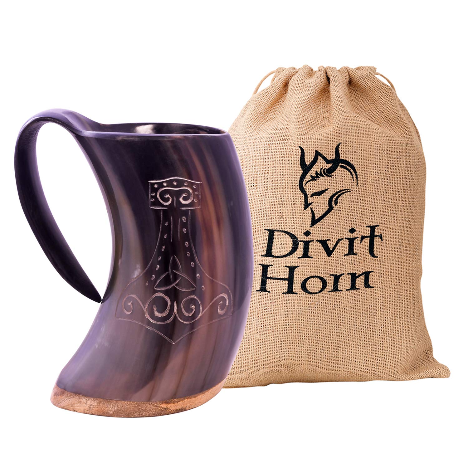 Divit Horn Genuine Viking Drinking Horn Mug | Authentic Medieval Beer Horn Tankard | 24oz Capacity Horn Cup/Stein. (Large Mjolnir (1 L), Polished)