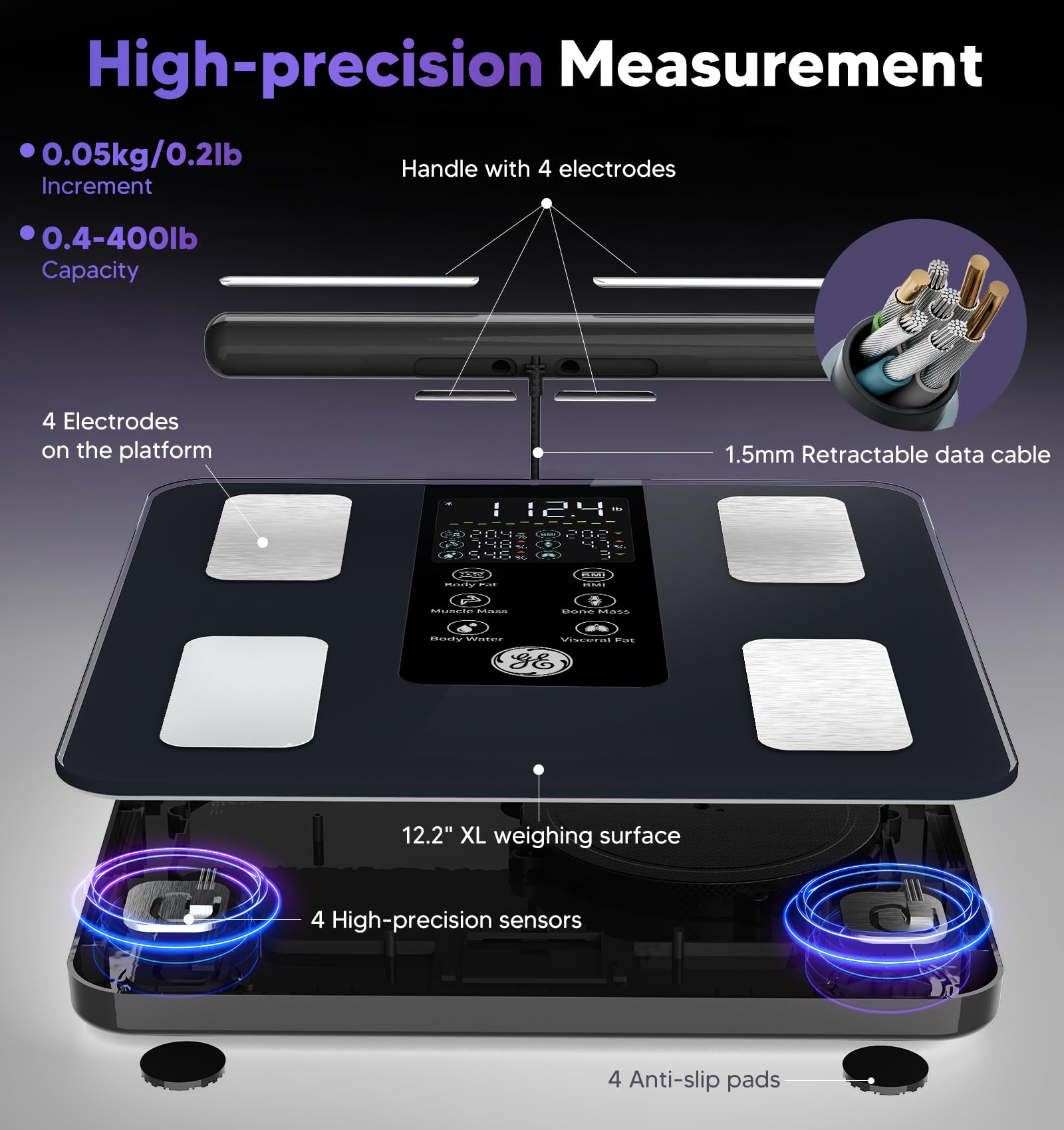 GE Smart Scale for Body Weight: 8-Electrode Digital Bathroom Scale for Weight Fat BMI Muscle Mass Full Body Composition Analyzer 27 Measurements Bluetooth Highly Accurate Weighing Machine, 400 lbs