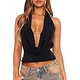 TZLDN Women's Cowl Neck Halter Sexy Going Out Tops Y2k Deep V Backless Cute Summer Crop Tops Tank Festival Club Outfits
