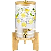 NiHome 1.3 Gallon Drink Dispenser for Parties, 4.9 L Glass Iced Beverage Dispenser, Large Glass Party Drink Dispensers for Lemonade, Tea & Juice, Bamboo Lid, Wood Stand & Stainless Steel Spigot (1PC)
