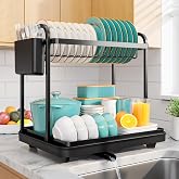 Sakugi 2-Tier Dish Drying Rack, 15" W x 11.4" L x 15" H, Black | Kitchen, Sink Counter, Stainless Steel, Counter Top, Utensil
