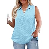 ROSRISS Womens Plus-Size-Tank-Tops Summer Sleeveless Casual Shirts Lapel V Neck Tunics Eyelet Tees