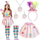 Beipegin Candyland Candy Costumes for Women,Top Hat Headband Lollipop Necklace Earrings Sweet Rainbow Tutu Stocking Candy Theme Cosplay Accessories for Halloween Christmas