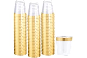 WELLIFE 200 PACK Plastic Clear and Gold Shot Glasses, 2OZ Disposable Shot Glasses, Small Hard Plastic Tumblers, Gold Tasting Sampling Cups, Mini Container Perfect for Whiskey for Party