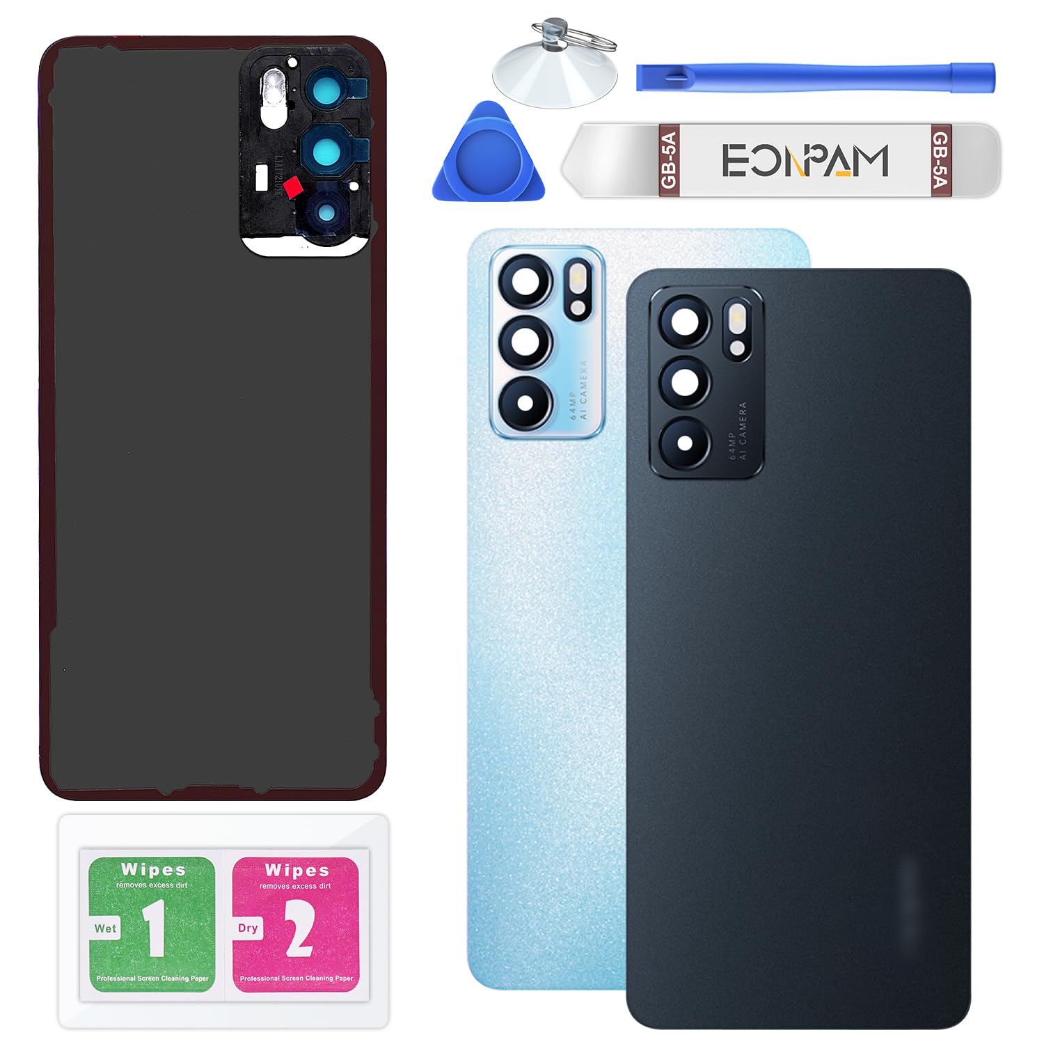 Eonpam Back Cover Glass for Oppo Reno6 5G Rear Glass Replacement with Camera Lens + Repair Kit Genuine Rear Housing (Black)