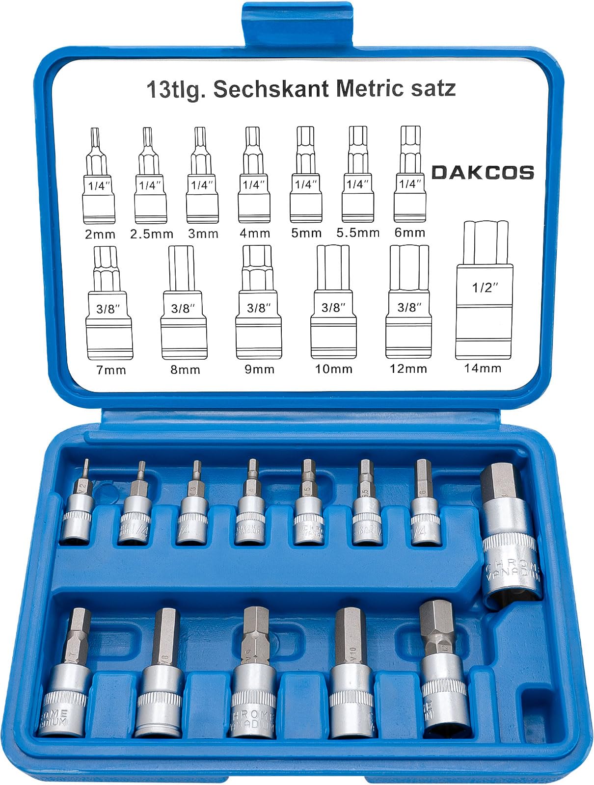 DAKCOS 13pcs Hex Bit Socket Set, Metric 2-14mm Allen Socket Kit, 1/4", 3/8", 1/2" CR-V Sockets and S2 Bit