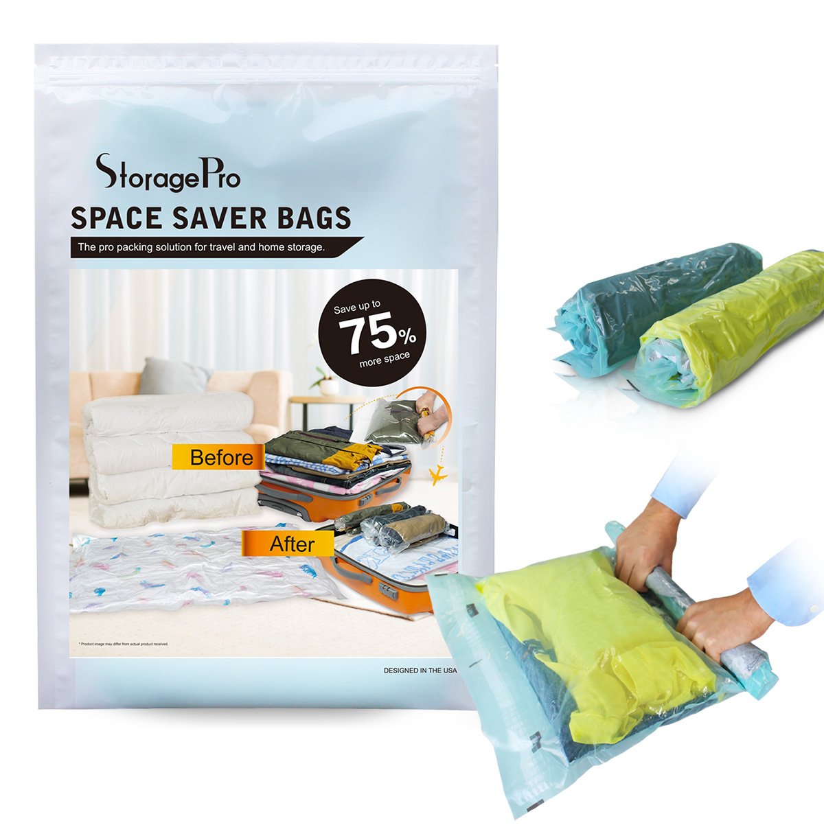9 Travel Space Saver Bags By StoragePro, Hand Rolling (No Vacuum Needed) Compression Bags In