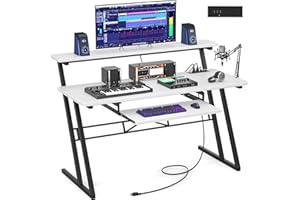 Armocity Music Studio Desk Production Workstation - Recording Studio Desk for Producer with Power Outlet, Studio Workstation for Music Recording, Home Studio Table Desk, White