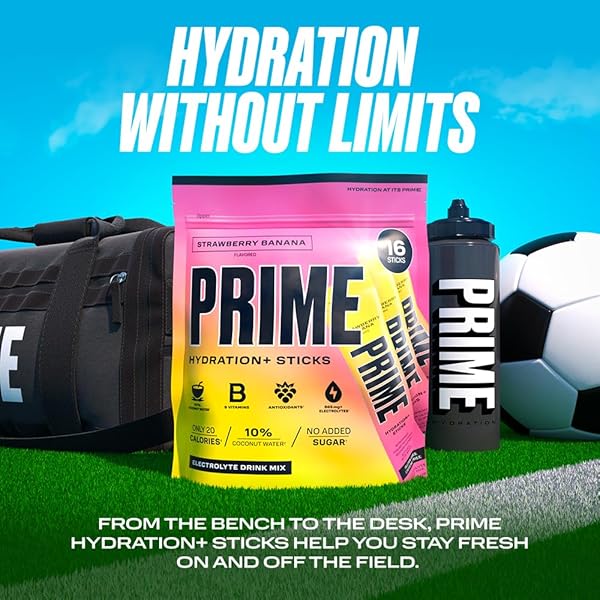 PRIME HYDRATION+ ELECTROLYTE POWDER STICKS, STRAWBERRY BANANA, SUGAR FREE HYDRATION DRINK MIX WITH POTASSIUM, MAGNESIUM & B VITAMINS TO REPLENISH FLUIDS, CAFFEINE FREE, 16 COUNT