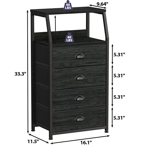 FURNULEM TALL 4 DRAWERS DRESSER, VERTICAL STORAGE TOWER BLACK DRESSER FOR BEDROOM, HALLWAY, ENTRYWAY, NURSERY, CLOSET ORGANIZER, NIGHTSTAND BEDSIDE TABLE FURNITURE, STURDY STEEL FRAME, WOOD TOP