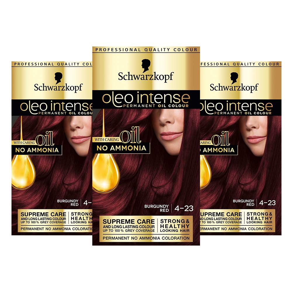 Schwarzkopf Oleo Intense Red Hair Dye, 3-Pack Permanent Oil Colour, No Ammonia, Covers Greys, Burgundy Red 4-23 — image 1