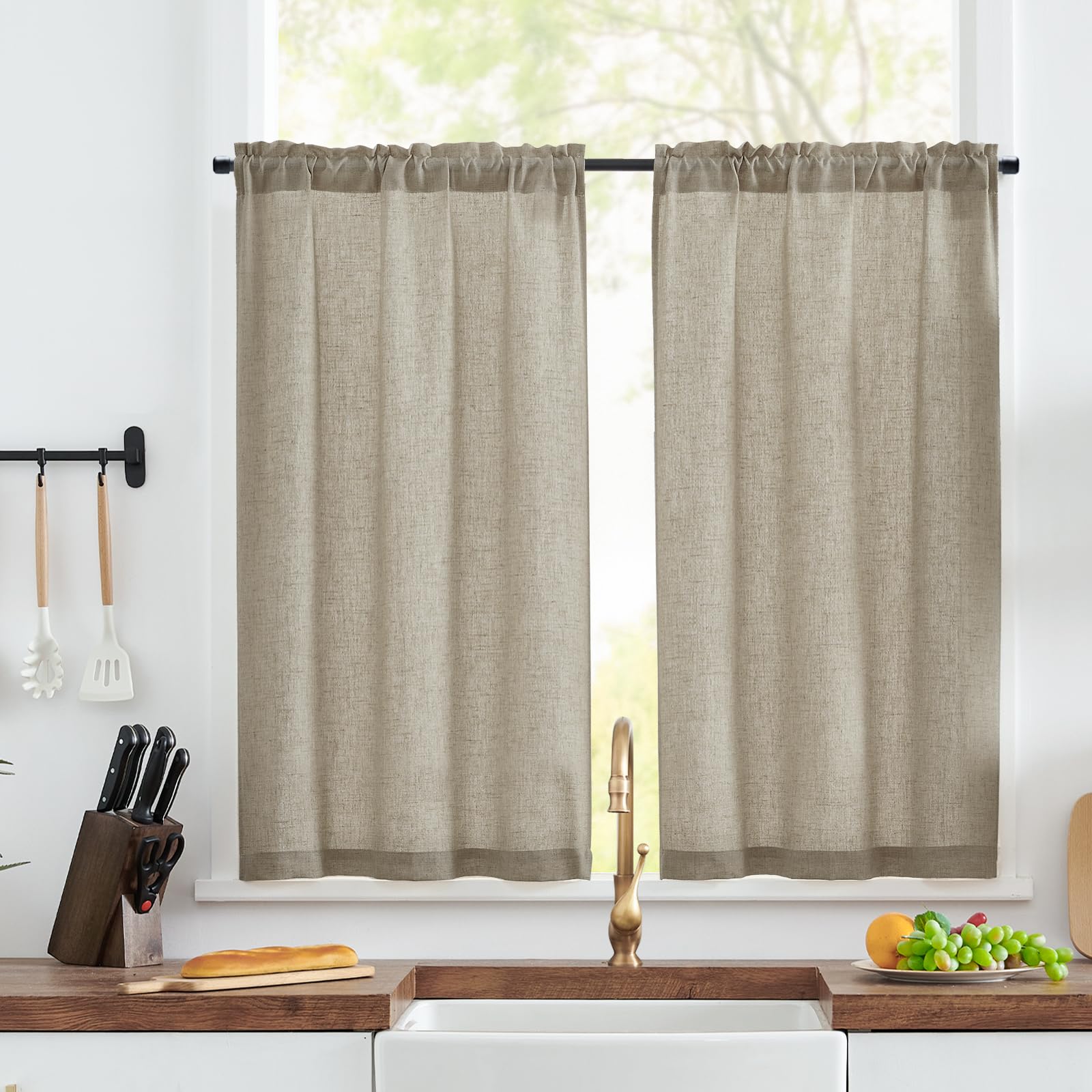 TOPICK Linen Blend Kitchen Curtains, 45 Inch Drop Small Cafe Curtains, Solid Pattern Light Filtering Short Curtain Tiers for Bathroom Sink Cupboard Bedroom, Rod Pocket 2 Panels Taupe
