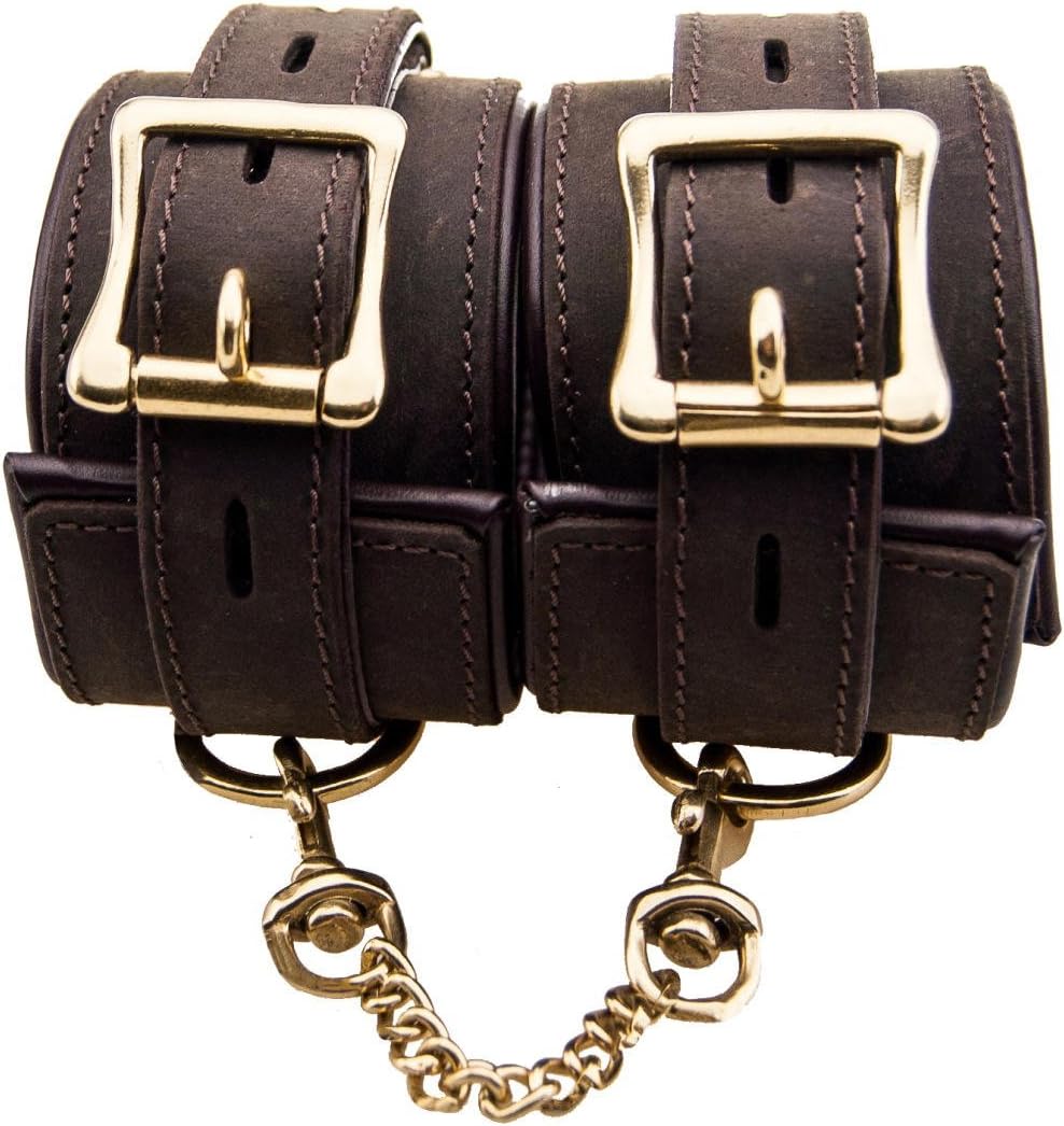 Bound by Loving Joy Nubuck Leather Ankle Restraints, Ankle Cuffs, Bondage Restraints, Bondage Gear, Brown & Gold - Image 4