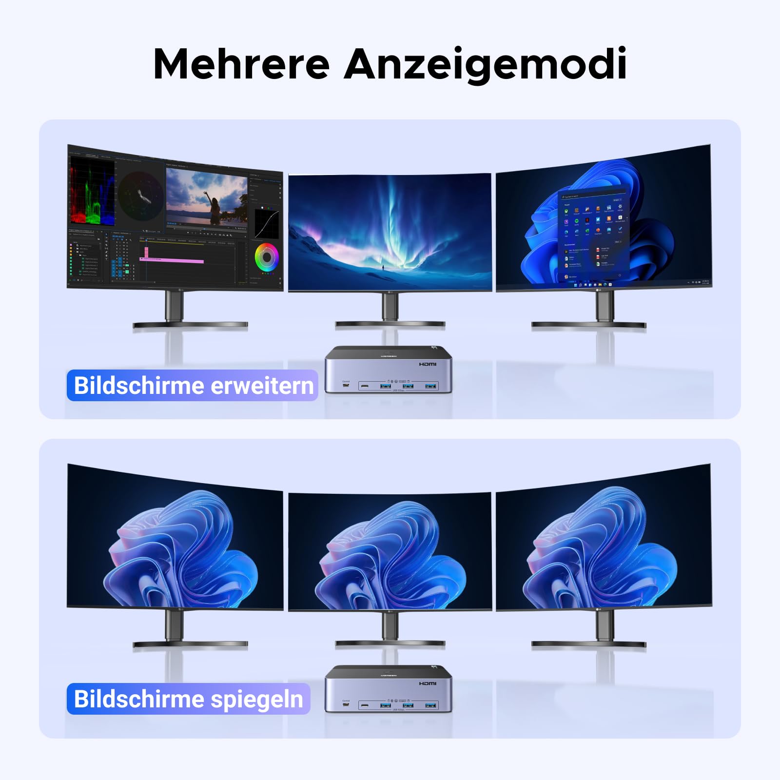 UGREEN HDMI+Displayport KVM Switch 2 PC 3 Monitore 8K60Hz mit 4 USB 3.0 Ports, Tasten- und Desktop-Controller Umschaltung Kompatibel mit Windows/Linux/MacOS usw. 6