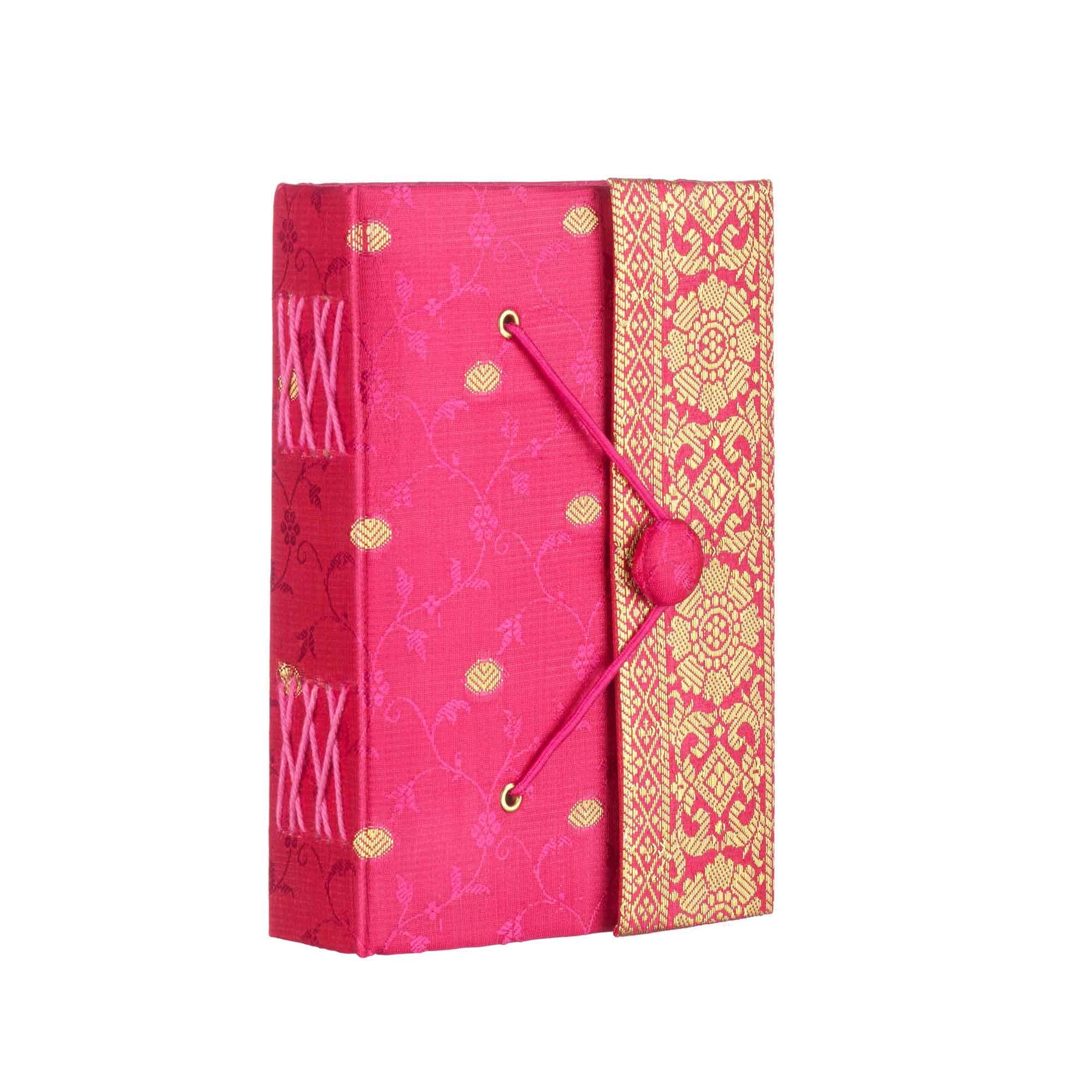 Sari Journal Medium 11cm x 16cm - Cerise - Unlined Recycled Paper - Elastic Closure - Pocket Notebook and Diary - Indian Stationery Gift - For Men Women Students - Sari Fabric