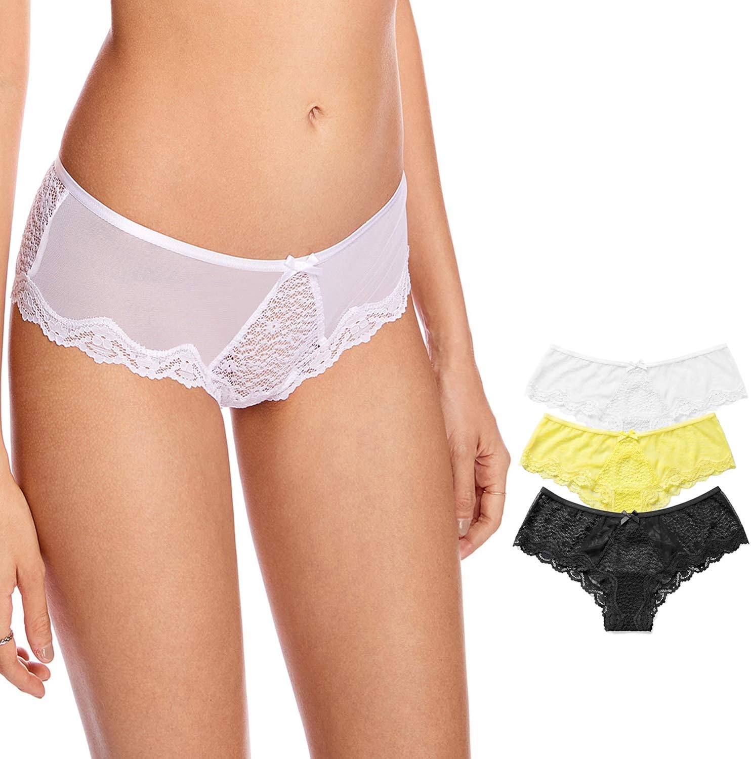 Dobreva Women's 3 Pack Cute Bowtie Mesh Panties Floral Lace Hipster