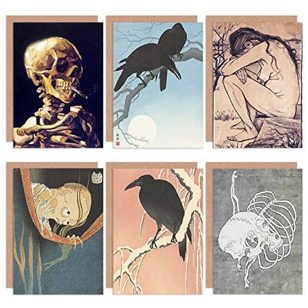 Artery8 Hokusai Koson Van Gogh Japanese Crow Skull Mixed Fine Art Greeting Card Pack of 6