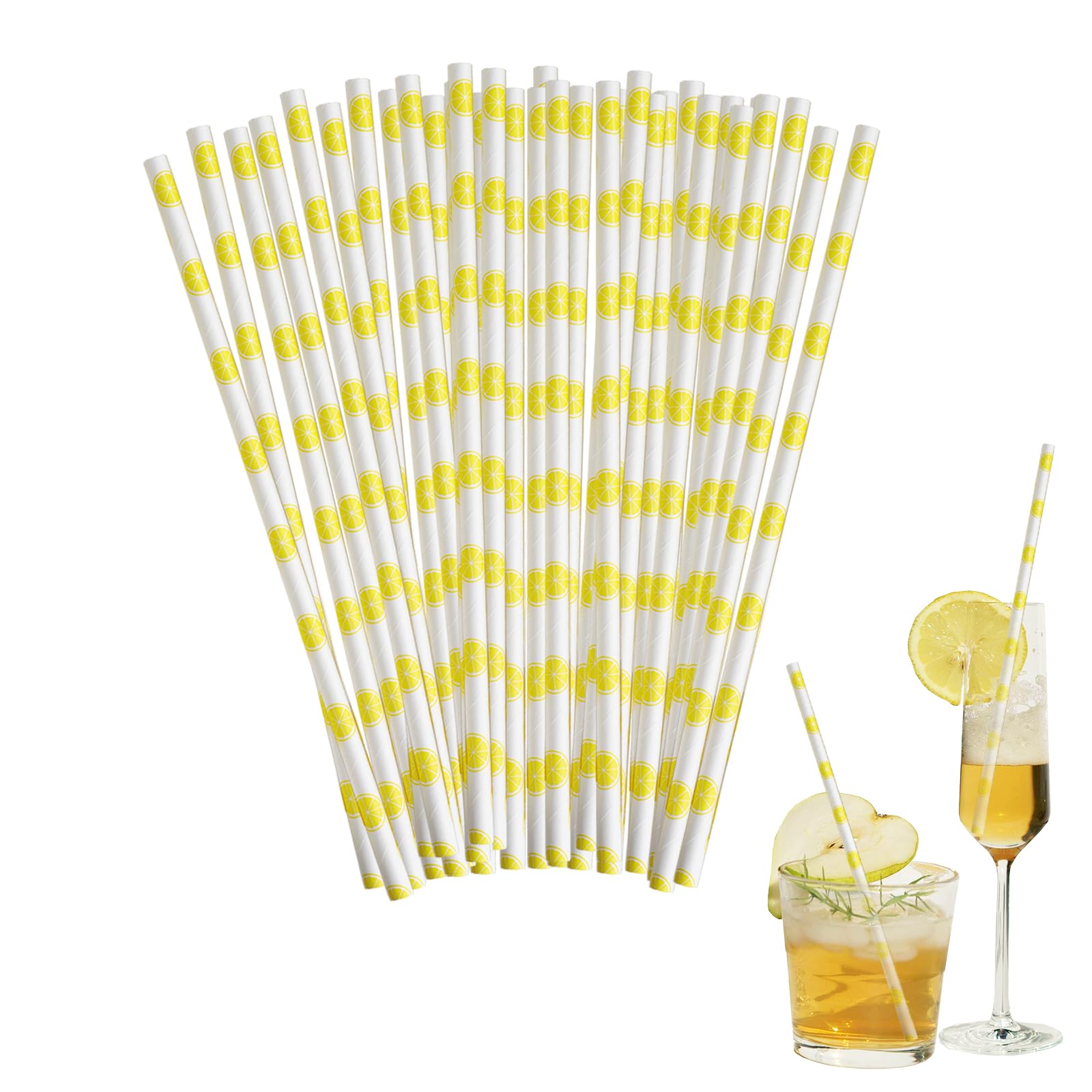 DAJISI 100 PCS Straws Drinking Paper, Paper Straws Printed with Lemon for Anniversaries, Cocktail Party and Party