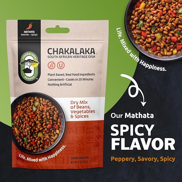 CHAKALAKA VEGETARIAN DRIED BEAN MIX – SOUTH AFRICAN SIDE DISH WITH BEANS, VEGETABLES, & SPICES – BOLD, STRONG FLAVOR, SPICY HEAT, MATHATA (1 PK) 6 OZ