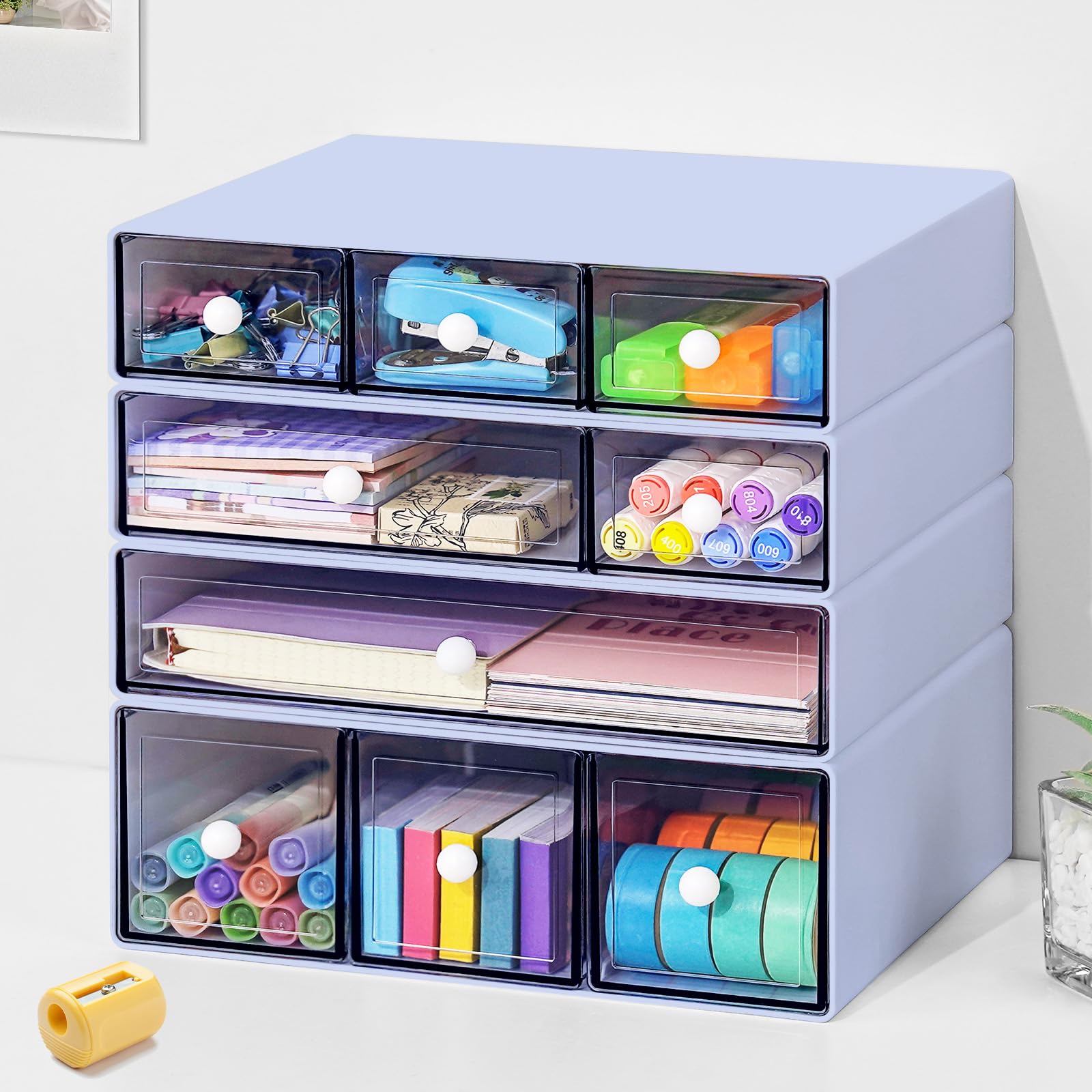 Photo 1 of MYKASEN Desk Organizer with 9 Drawers, 4 Tier Plastic Stackable Storage Drawers for Desk Storage, Office Stationary Makeup Organizer Suit for Home, Office and School