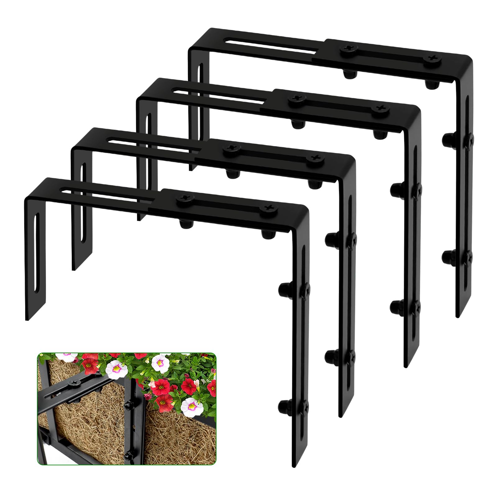 Photo 1 of Halatool 4 Pack Window Box Brackets, Adjustable Planter Box Brackets, Heavy Duty Iron Flower Box Brackets for Fences, Balconies, and Gardens