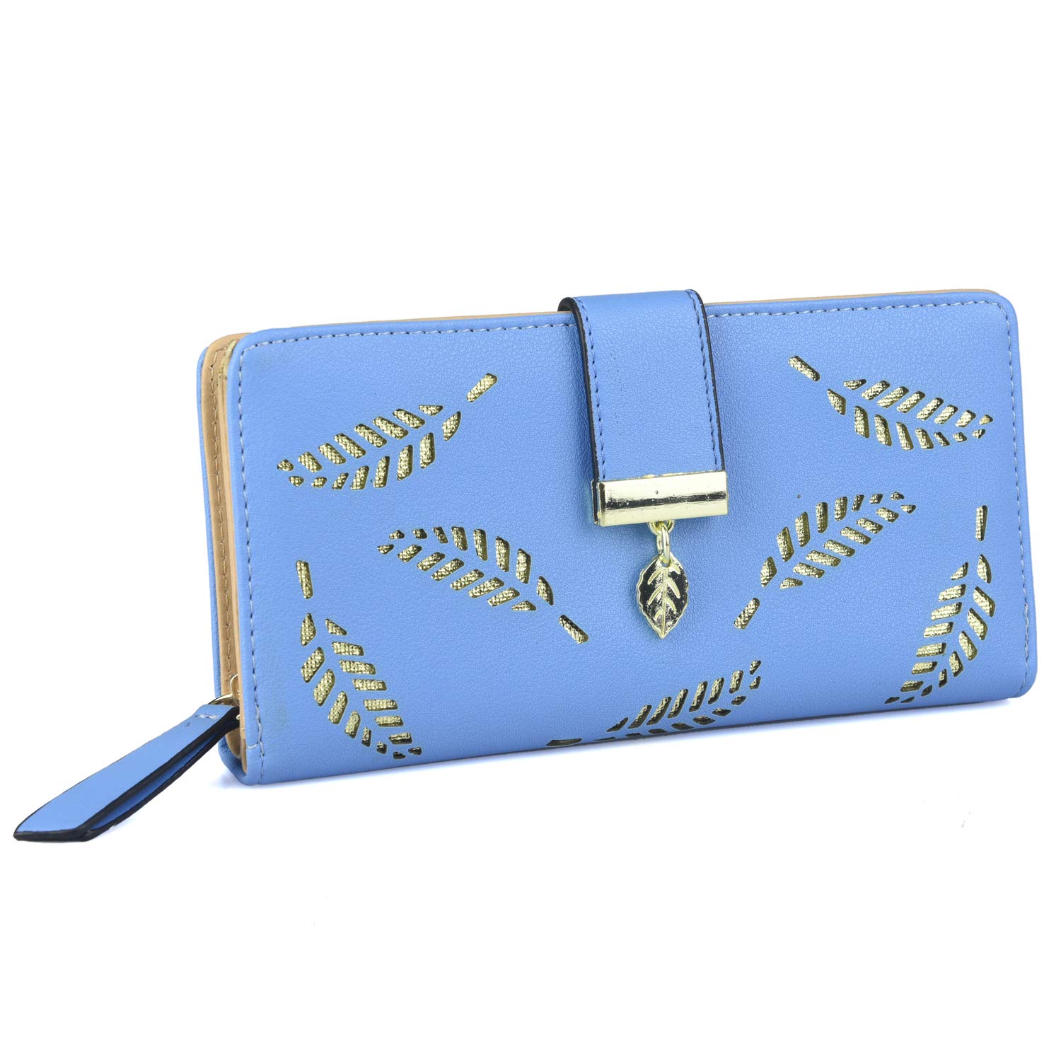 HXT-OAK Women's Leaf Hollowed Out PU Leather Wallet with Tree Leaf Pendant 12 Card Slots and Coin Zipper Storage Bag Blue
