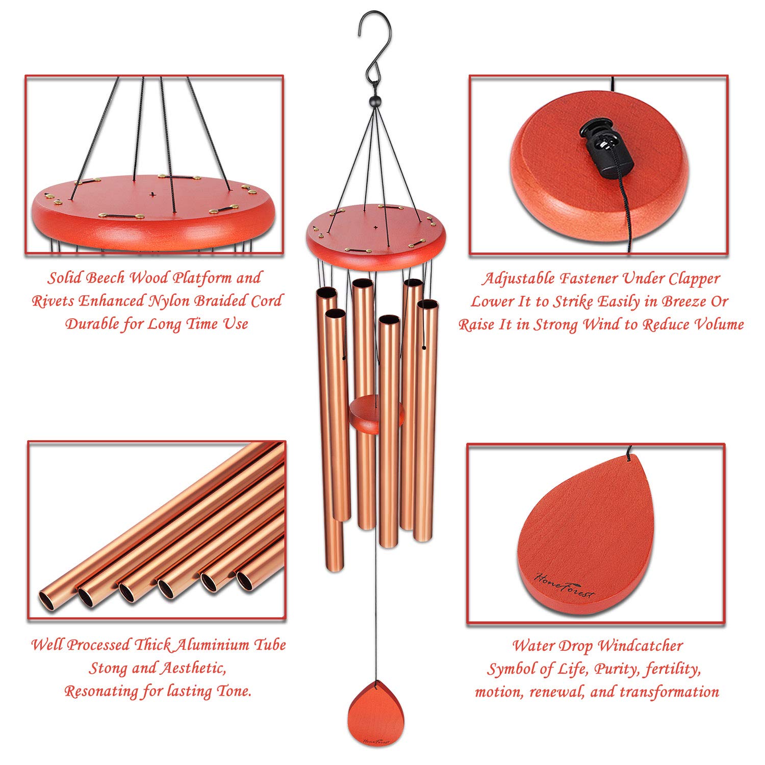 HoneForest Wind Chimes, 30 inches Soothing Rich Lasting Tones and Solidly Constructed Medium-Metal-Wind-Chimes-Outdoor, Decor for Yard Patio Garden