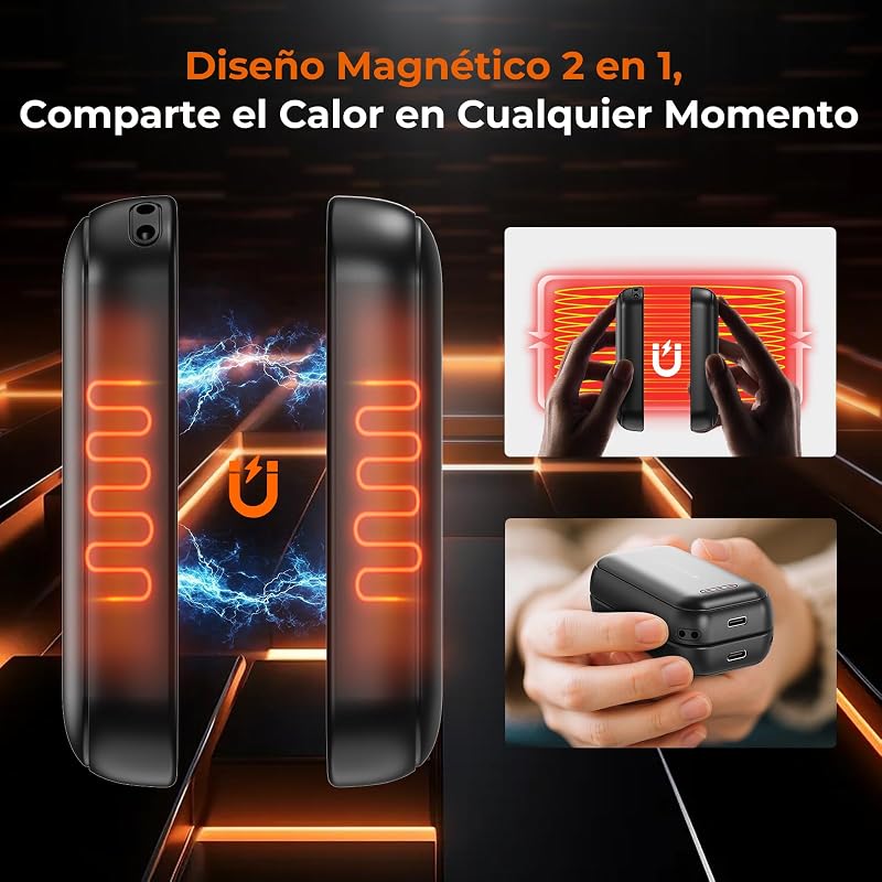 Aquecedores de mãos magnéticos recarregáveis 2 em 1 - 6000mAh, 3 níveis de aquecimento 45/50/55°C, USB-C, Aquecimento 3s, para exterior e frio, oferta para mulheres, preto