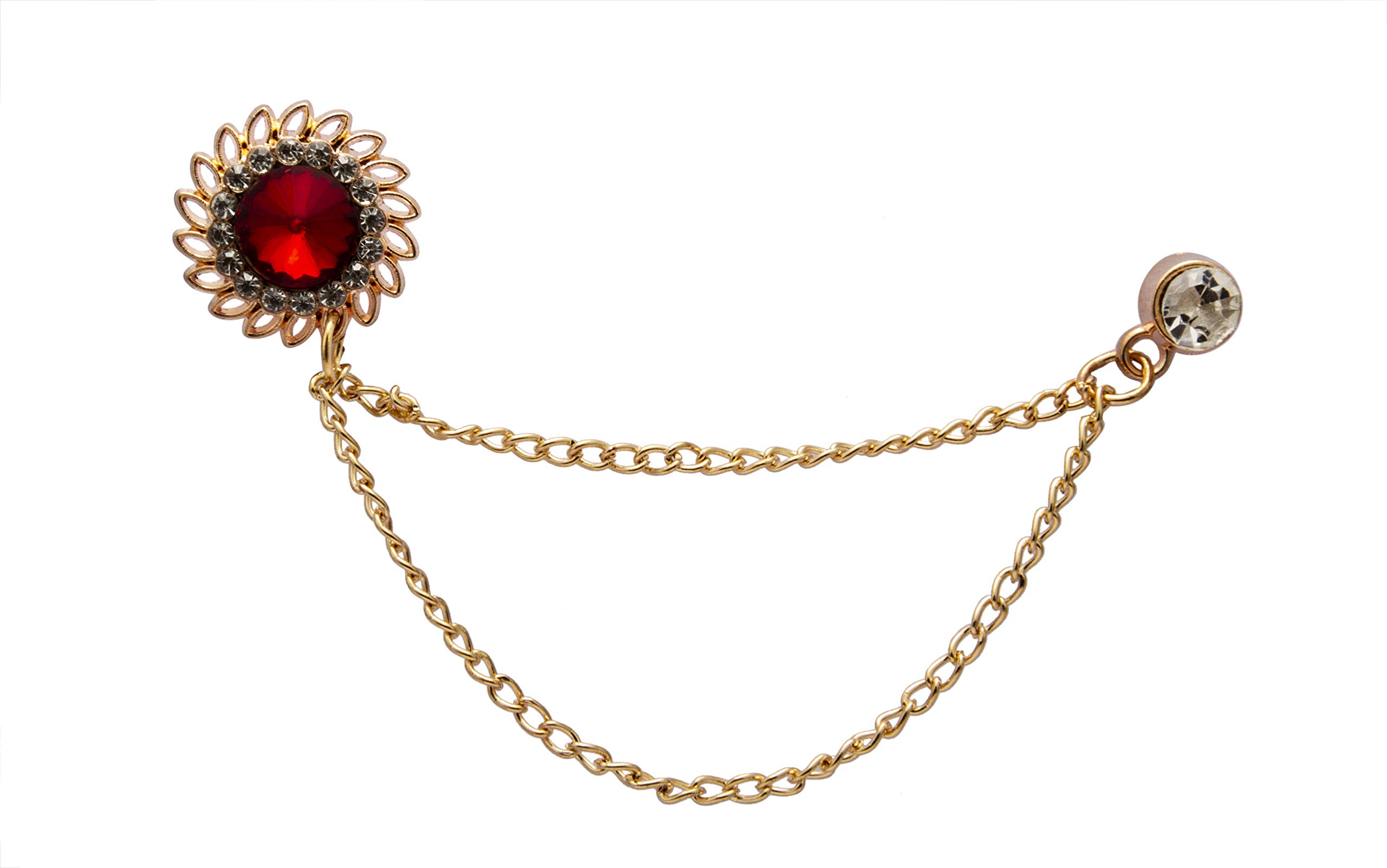 Brooch Lapel Pin for Men Red Stone with Crystal Engraving and Hanging Chain Lapel Pin Badge Coat Suit Wedding Gift Party Shirt Collar Accessories