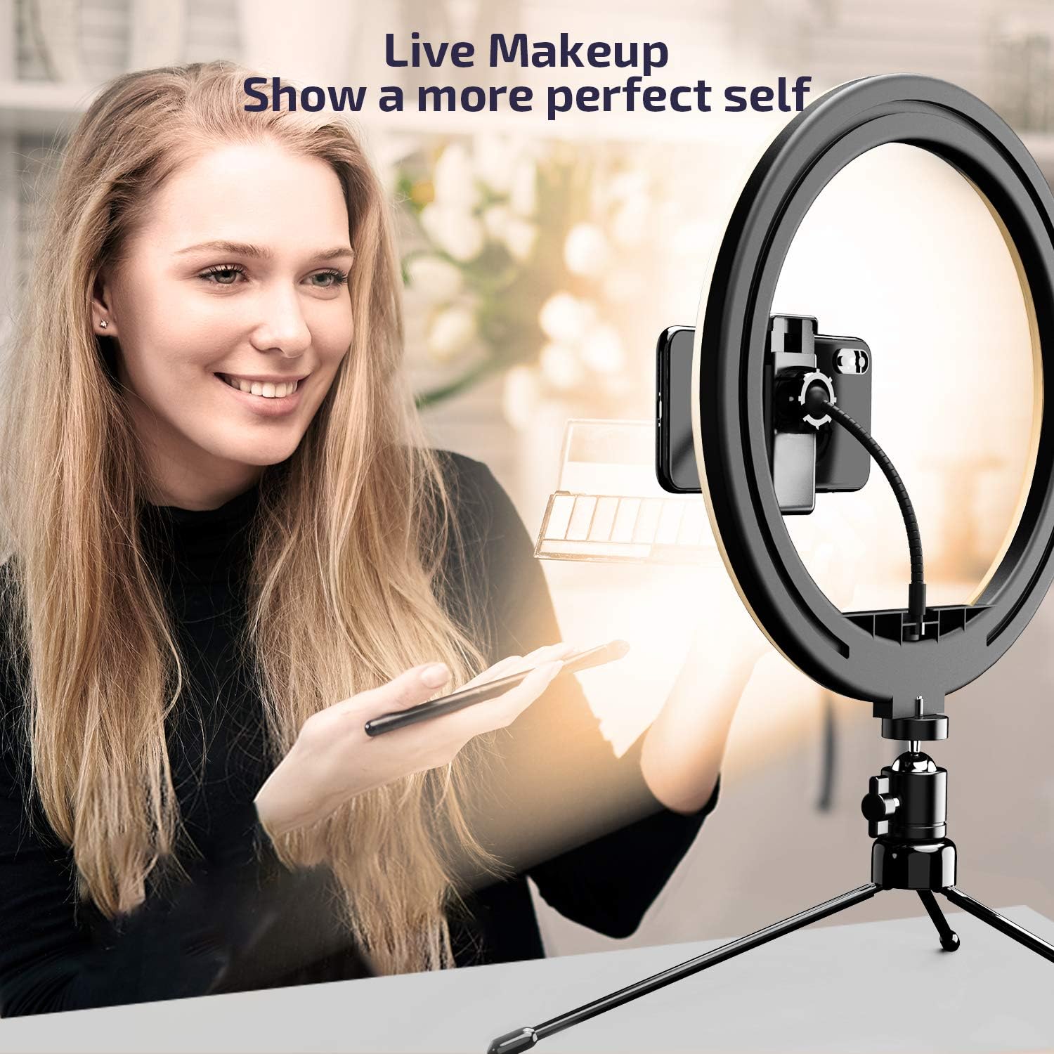 10-inch Led Ring Light with Tripod Stand & 2 Phone Holder,LETSCOM Dimmable Desk Selfie Ringlight for Makeup YouTube Video Live Streaming Photography,3 Light Modes & 10 Brightness Levels