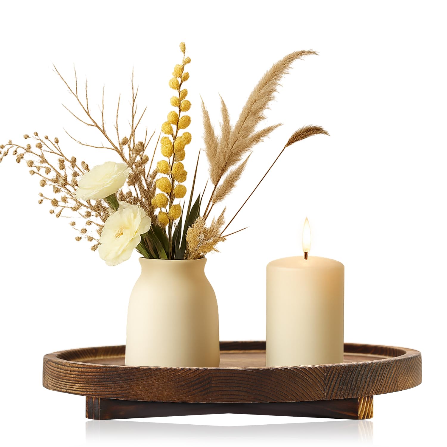 Photo 1 of 12 inch Large Round Decorative Tray Wood Bathroom Counter Organizer Farmhouse Kitchen Decor Wooden Riser for Perfume Soap Dish Wood Decorative Candle Holders for Home Decor Brown Table Centerpieces