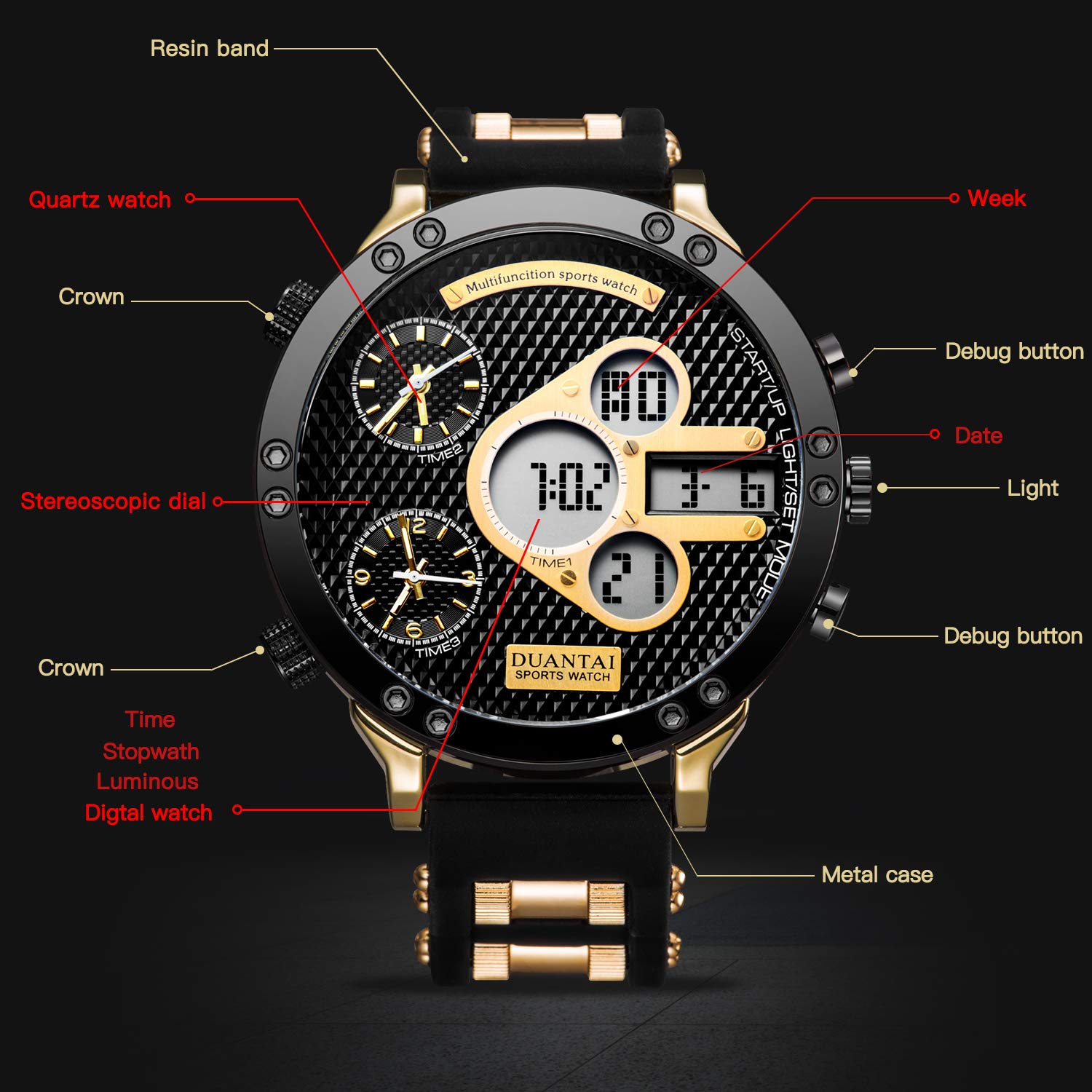 Sailine XXL Size Multifunction Mens Soprt Watch Triple Movement 3 Time Zone with Resin Brand 30M Waterproof (Gold)