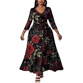 FANDEE Plus Size Maxi Dress for Women Summer, Casual 3/4 Sleeve V Neck Floral Flowy Long Dresses with Belt Pockets, XL- 5XL