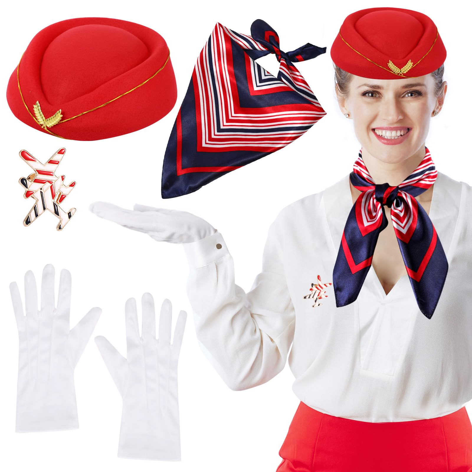 XEPST 4PCS Flight Attendant Costume for Women - Stewardess Costume Accessories Set with Flight Attendant Hat Scarf Gloves Brooch for Women Halloween Costumes Cosplay Carnival Fancy Dress Up, Red — image 1