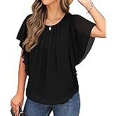 QIXING Summer Casual Loose Round Neck Chiffon Flowy Tops Blouses for Women