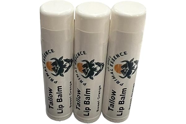 Dr. Dave's Primal Essence Moisturizing Tallow Lip Balm | Hydrating, Soothing Grass-Fed Beef Tallow, Organic Coconut Oil and Beeswax | Long Lasting, Eliminates Dry, Chapped Lips (Sweet Orange, 3-Pack)