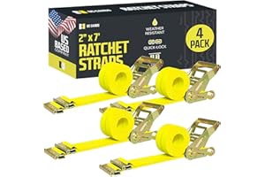 E Track Ratchet Straps Cargo Tie-Downs, (Pack of 4) 2 x 12 Heavy Duty Yellow Tie-Down Rachet Straps, Strong Ratchet Strap, E 