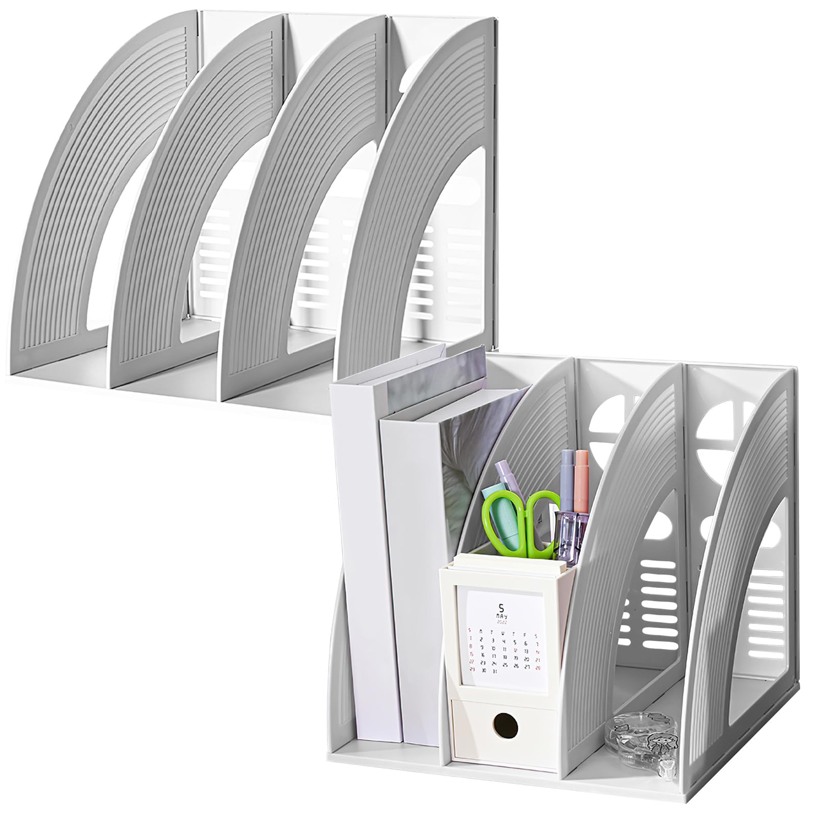Elezeal A4 File Holder Magazine File Folder Desk Organizer, Compartments Bookshelf Document Divider Paper Box Bookends for Office Home Organization and Storage Racks (Grey - 2 Pack, 3 Compartments)