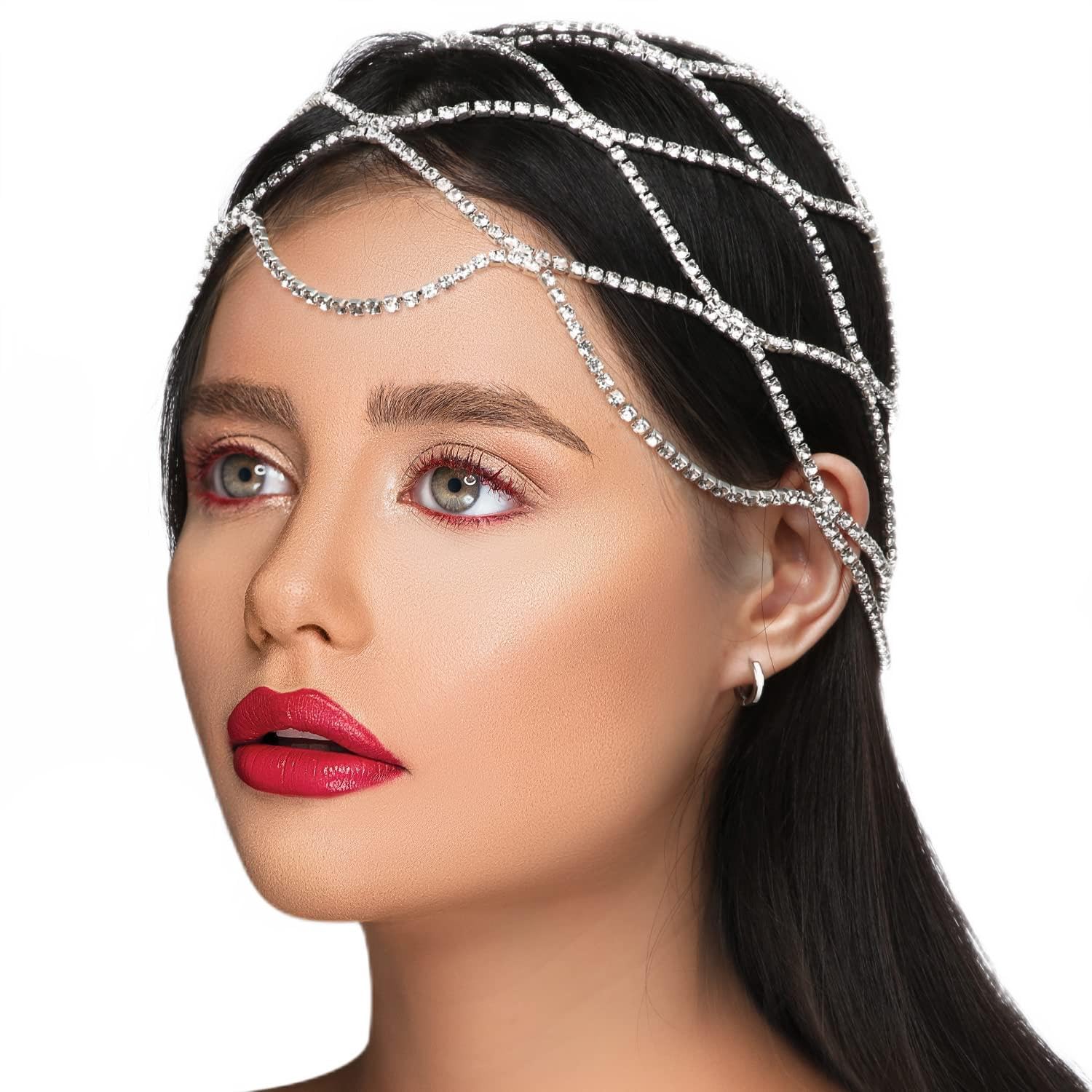 KINBOM Jewelry Headpiece, Crystal Headpiece Jewelry Head Chain Mesh Silver Head Chain Jewelry Shinny Boho Style Accessories for Women Wedding Party Cosplay Stage Performance