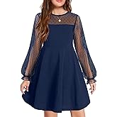 Arshiner Girl's Contrast Mesh Puff Long Sleeve High Waist A Line Short Dress with Pockets for 6-13 Years